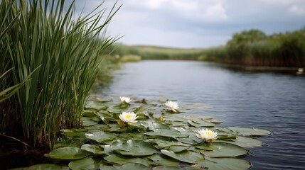 Tranquil canal scene with lush reeds and white water lilies floating on calm water under an overcast sky © Thares2020