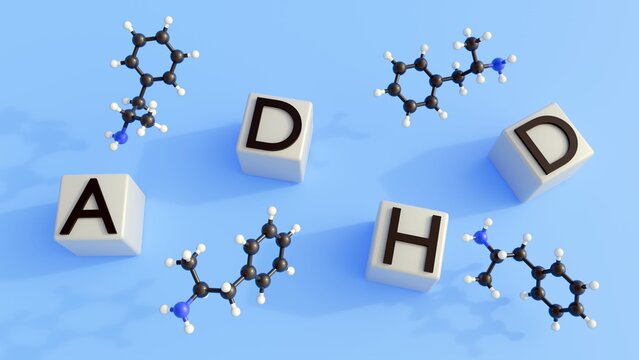 Dextroamphetamine is a Central Nervous System (CNS) stimulant primarily used to manage the symptoms of ADHD and narcolepsy; 3d rendering.