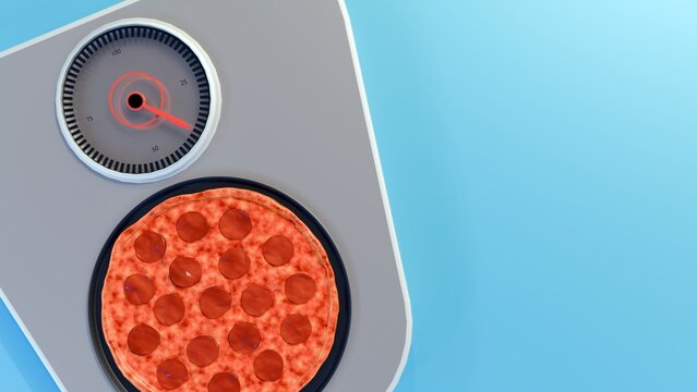 3D rendering of pepperoni pizza on a scale. Comfort food meeting a diet symbol: the challenge of balancing indulgence with weight management.