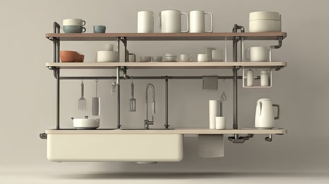 Minimalist kitchen shelving unit with various utensils and kitchenware in a modern, stylish design