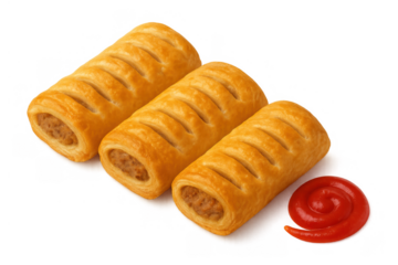 Sausage rolls with flaky puff pastry and savory meat filling, served alongside a swirl of red ketchup, transparent background