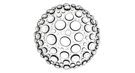 Transparent spherical object covered with numerous clear water droplets reflecting light, set against a solid green background, abstract representation of purity or technology.