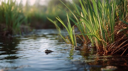 A single frog emerges from the calm water of a sunlit wetland pond surrounded by lush reeds