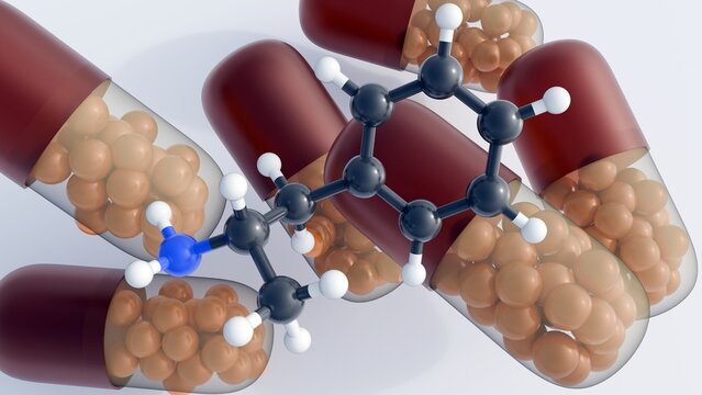 A 3d rendering of molecular structure of Dextroamphetamine and its pharmaceutical delivery mechanism to treat Attention Deficit Hyperactivity Disorder and narcolepsy.