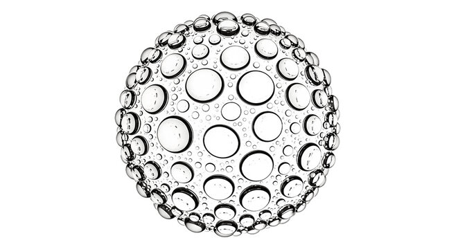 Transparent spherical object covered with numerous clear water droplets reflecting light, set against a solid green background, abstract representation of purity or technology.