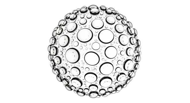 Transparent spherical object covered with numerous clear water droplets reflecting light, set against a solid green background, abstract representation of purity or technology.