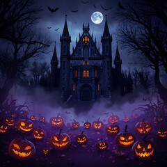 On Halloween night, the scene is set in a gothic castle adorned with jack-o'-lanterns and bats, creating a spooky atmosphere that captures the essence of the holiday.
