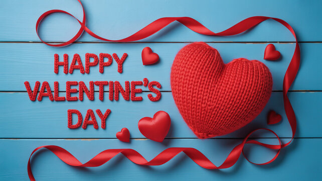 Happy valentines day greeting card with red heart and ribbon on blue wooden background, festive decoration - Powered by Adobe