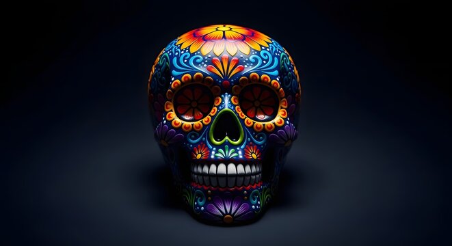 Vibrant and ornate sugar skull with intricate colorful patterns on a dark background