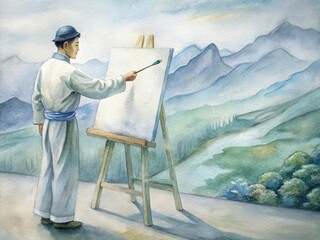 Asian Artist Painting Serene Landscape