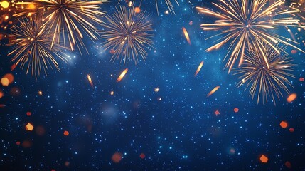 Spectacular fireworks exploding in the dark blue sky, creating a magical and festive atmosphere