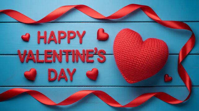 Happy valentines day greeting card with red heart and ribbon on blue wooden background, festive decoration