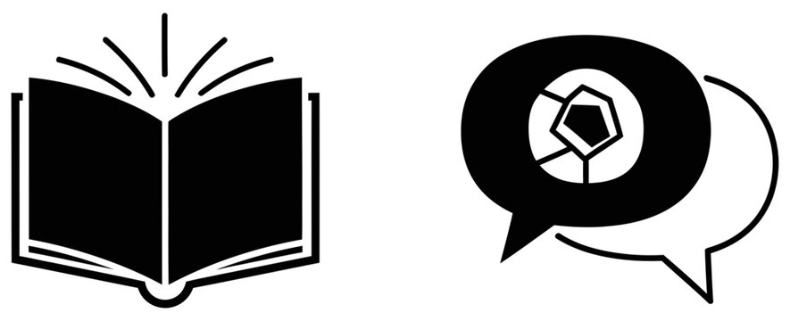 An open book emitting light, symbolizing knowledge and learning, next to a speech bubble containing a geometric shape, representing communication and ideas