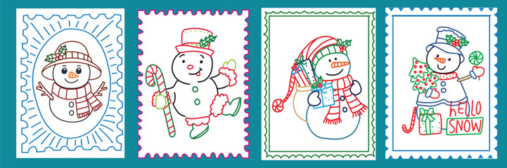 Cute snowman stamp poster set illustration for Christmas and winter design. Hand-drawn festive doodle style with gifts, candy cane, tree, and “Hello Snow” text perfect for holiday decoration and card.