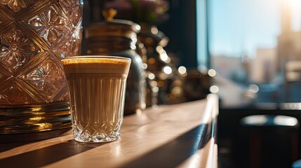 Warm and Inviting Coffee Glass on Wooden Counter with Natural Light and Soft Focus Background in Cozy Cafe Setting