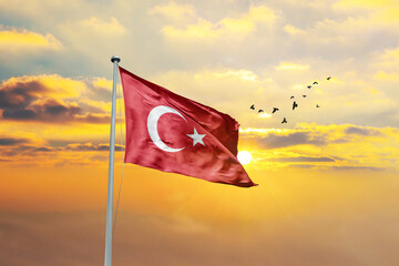 Turkey flag waving in sunset or sunrise. Turkey flag for Republic Day and Independence Day.
