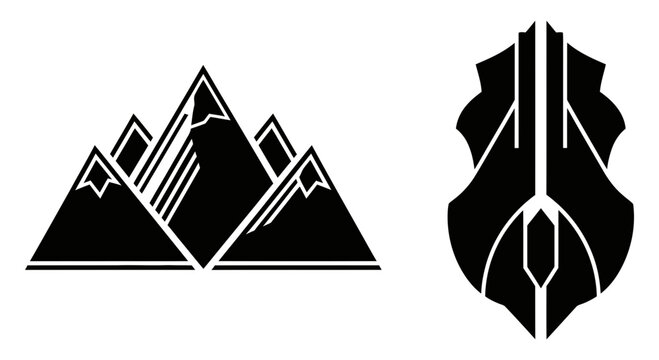 Majestic Peaks & Modern Shield A Dynamic Duo of Mountain Scenery with Abstract, Geometric Design in Silhouette, Black & White Harmony