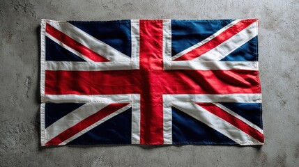 United Kingdom flag lying flat on textured concrete floor, photographed from directly above. Fabric edges slightly curled, shadows