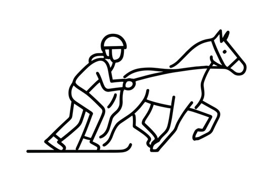 Skijoring sport icon with skier and horse for winter recreation and outdoor activity themes. Action symbol for apps, guides, and infographics. Vector illustration.