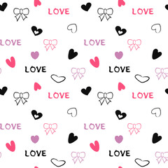 Cute, casual seamless hand-drawn pattern featuring elements including the word LOVE, pink and black hearts, and playful ribbon doodles, perfect for cheerful digital paper or textiles.