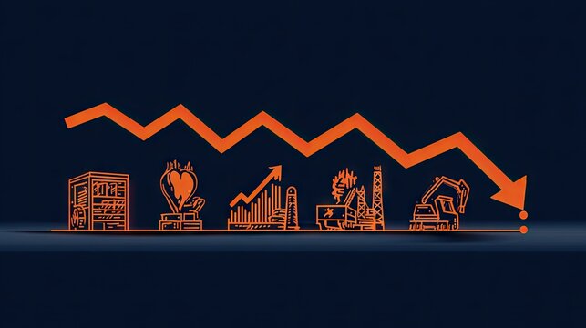 Economic Trends Graph with Iconic Illustrations Depicting Growth and Decline in Various Industries and Sectors