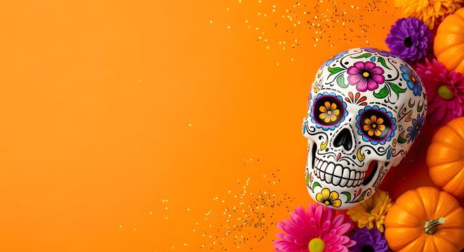Vibrant day of the dead sugar skull adorned with flowers and pumpkins on orange background - Powered by Adobe