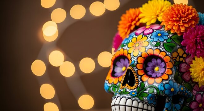 Vibrant day of the dead sugar skull adorned with colorful flowers and bokeh lights