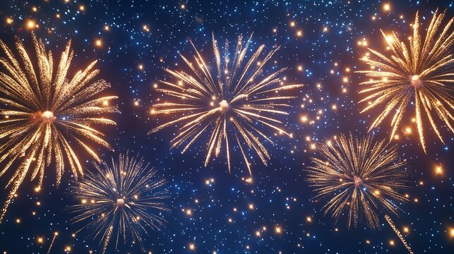 Golden fireworks illuminate the night sky with a mesmerizing display of light and color, creating a festive atmosphere