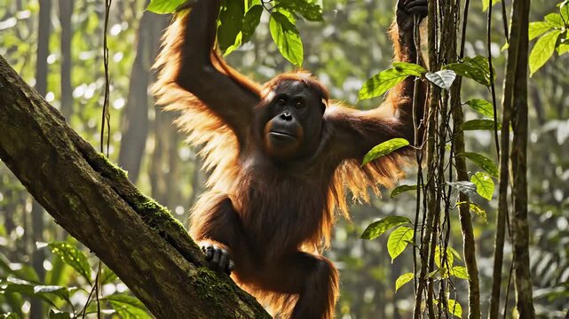 Young orangutan hangs from tree branch in lush jungle, transporting us to a world of adventure and discovery where curiosity and exploration reign supreme, perfect for marketing campaigns that.