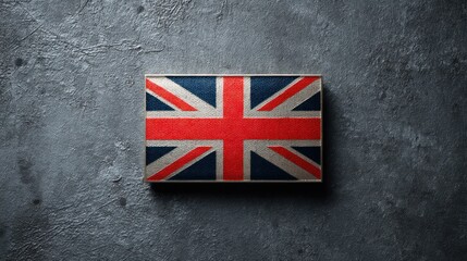 United Kingdom flag pinned flat against matte steel wall, edges slightly raised creating natural shadows. Photograph framed symmetrically,