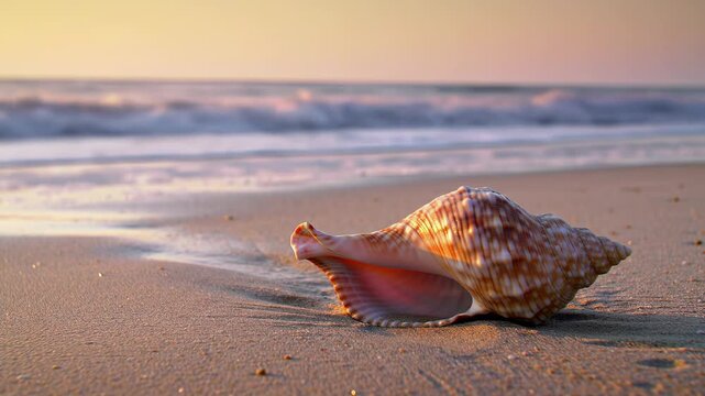 A large, spiral seashell rests on a sandy beach. Soft light from the sunrise casts warm hues over the scene. The ocean is blurred in the background