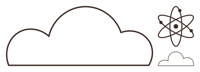 Minimalist cloud and atom sketch portrays scientific research, technology, cloud computing, education, innovation, data security, and digital transformation simple flat metaphor