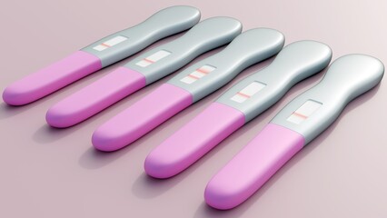 A 3D rendering of isolated white pregnancy test sticks lying horizontally on a background. One shows two lines, indicating a positive result.
