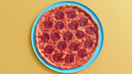 A 3d rendering of a large pepperoni pizza on a pan. The pizza has bright red sauce and many round pepperoni slices. The background is a clean and minimalist.
