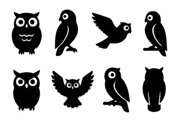 Fototapeta premium Collection of eight black silhouette owl icons in different poses: sitting, flying, and perched. Simple, bold design suitable for various applications.