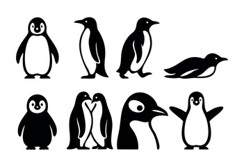 Naklejka premium Collection of eight black and white penguin illustrations in various poses and sizes. Simple line art style, suitable for children's books, logos, or educational materials.