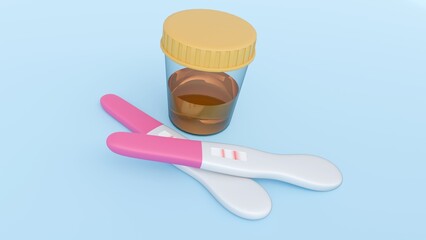 3D rendering of urine specimen inside of clear sample collection cup and a diagnostic test stick. A clinical analysis, personal health, and rapid diagnosis.