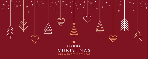 merry christmas card with hanging decoration in form of tree and heart vector illustration