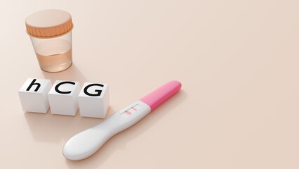 A 3d rendering of urine sample cup and a positive test stick. Four blocks in the foreground spell 