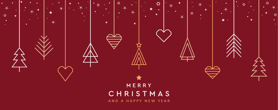 merry christmas card with hanging decoration in form of tree and heart vector illustration - Powered by Adobe