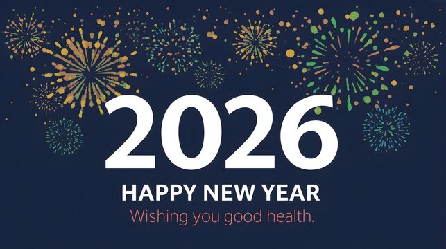 Happy new year 2026 with fireworks on blue background wishing good health