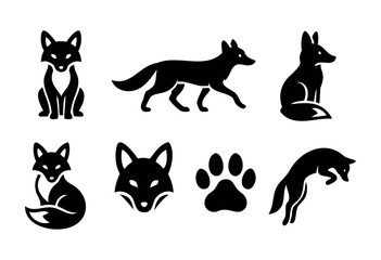 Set of eight black silhouette fox icons in different poses, including sitting, walking, jumping and head, plus a paw print. Perfect for logo, branding, or design elements.