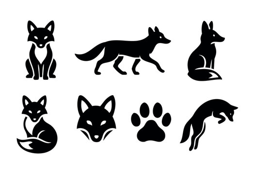 Set of eight black silhouette fox icons in different poses, including sitting, walking, jumping and head, plus a paw print. Perfect for logo, branding, or design elements.