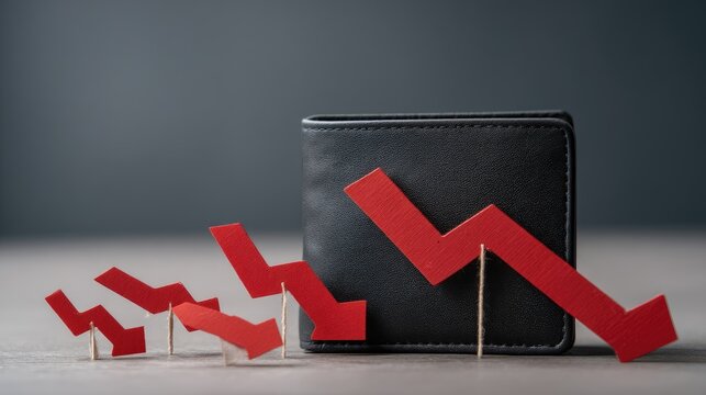 Conceptual representation of financial decline with a wallet and red arrow graphs indicating decreasing trend in investments