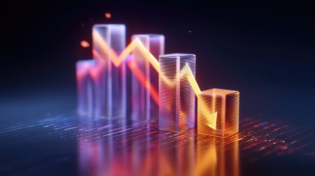 Abstract Digital Graph with Fluctuating Lines and Cubes Reflecting Market Trends and Data Analysis Concepts - Powered by Adobe