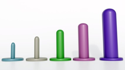 A 3d rendering of a set of vaginal dilators, medical devices used for progressive vaginal dilation therapy in the treatment of conditions like vaginismus or dyspareunia.