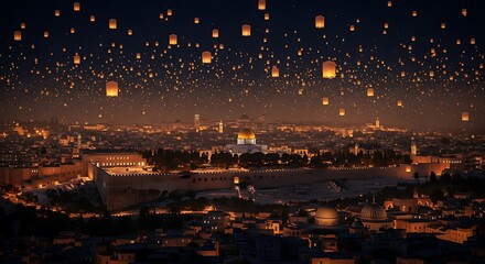 Fototapeta premium Magical Nighttime Sky Filled with Floating Lanterns Over a Cityscape