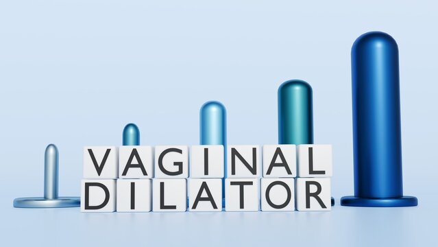 A 3d rendering of a set of cylindrical vaginal dilators in different sizes and text blocks spelling out "VAGINAL DILATOR."