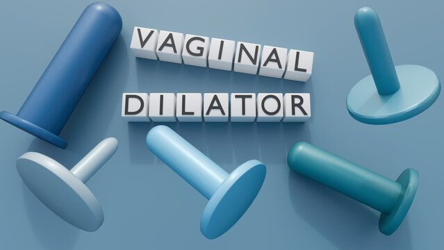 A 3d rendering of a set of cylindrical vaginal dilators in different sizes and text blocks spelling out "VAGINAL DILATOR."