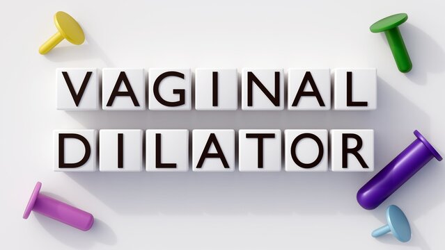 A 3d rendering of a set of cylindrical vaginal dilators in different sizes and text blocks spelling out "VAGINAL DILATOR."